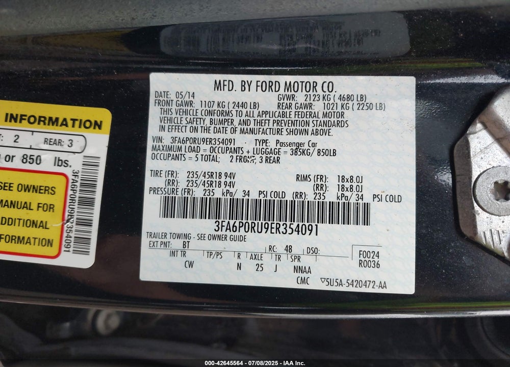 2014 FORD FUSION HYBRID VIN: 3FA6P0RU9ER354091