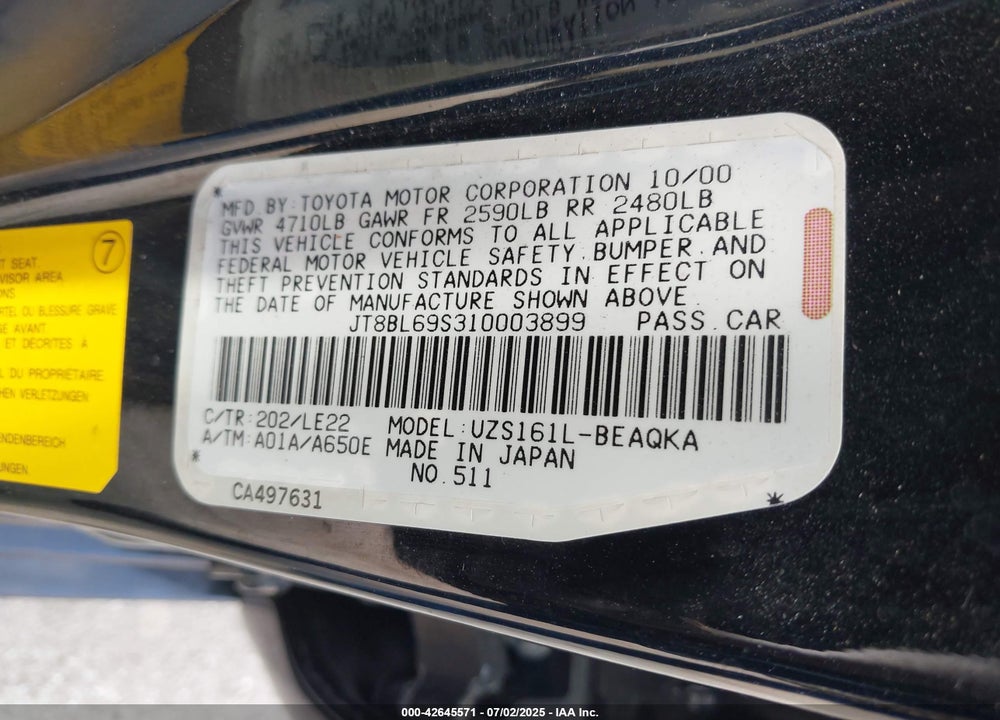 2001 LEXUS GS 430 VIN: JT8BL69S310003899