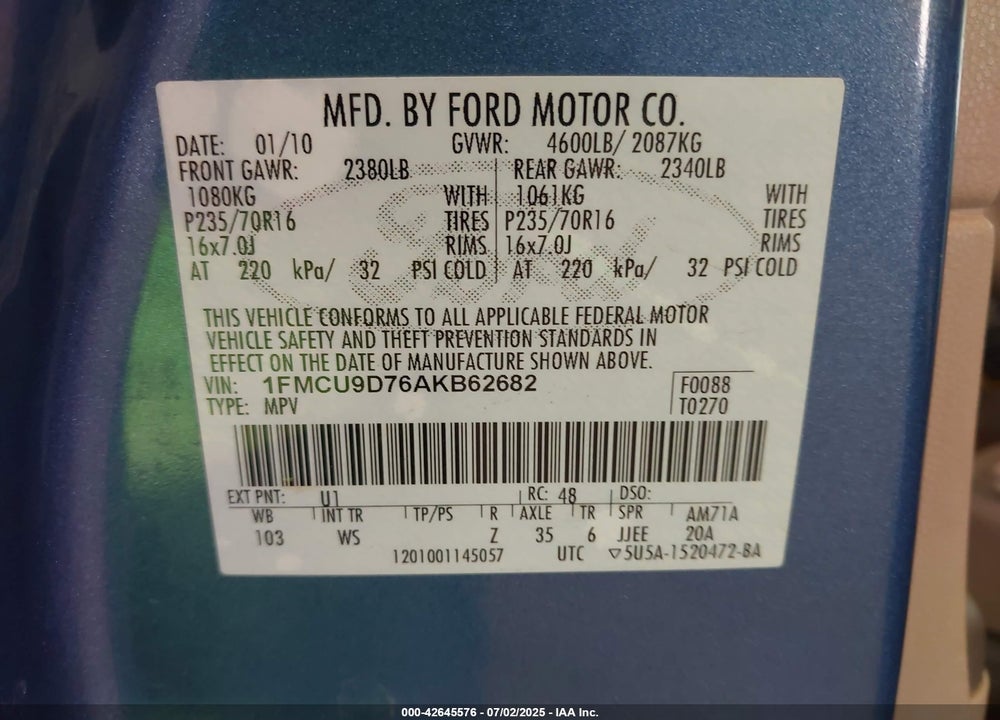 2010 FORD ESCAPE VIN: 1FMCU9D76AKB62682