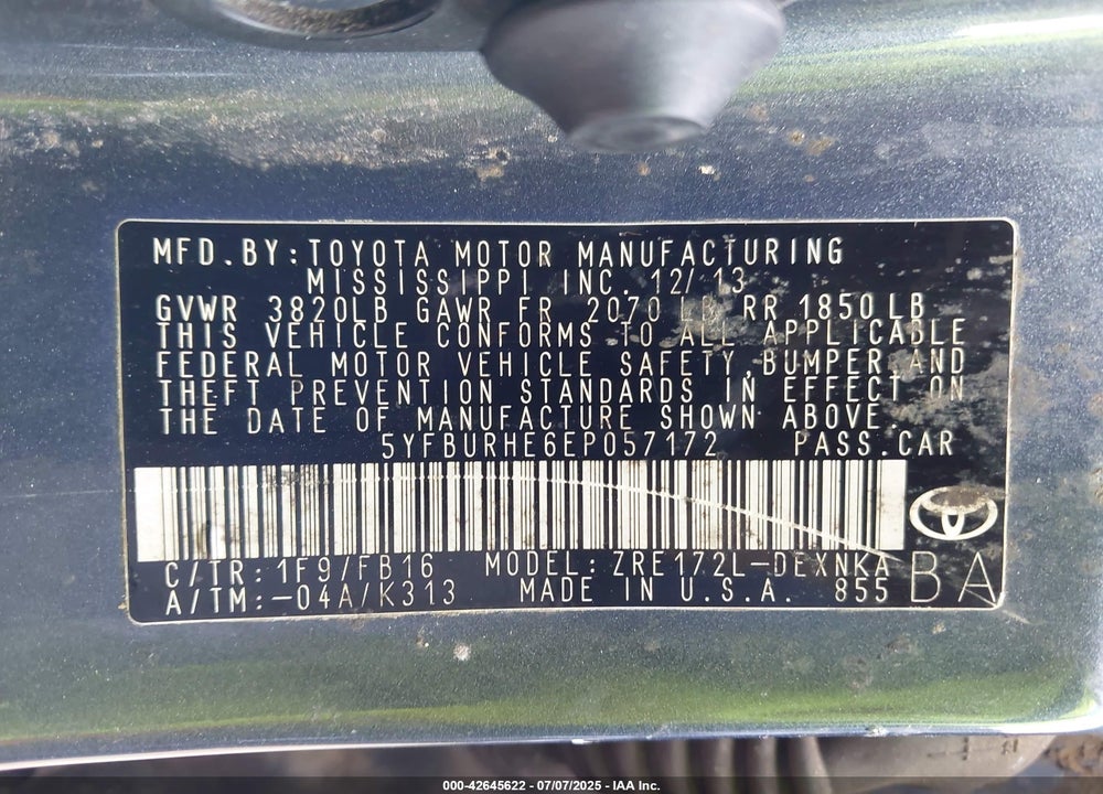 2014 TOYOTA COROLLA VIN: 5YFBURHE6EP057172