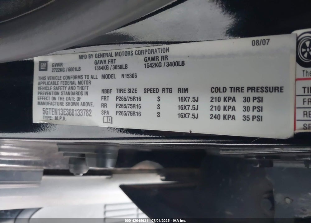 2008 HUMMER H3 SUV VIN: 5GTEN13E388133782