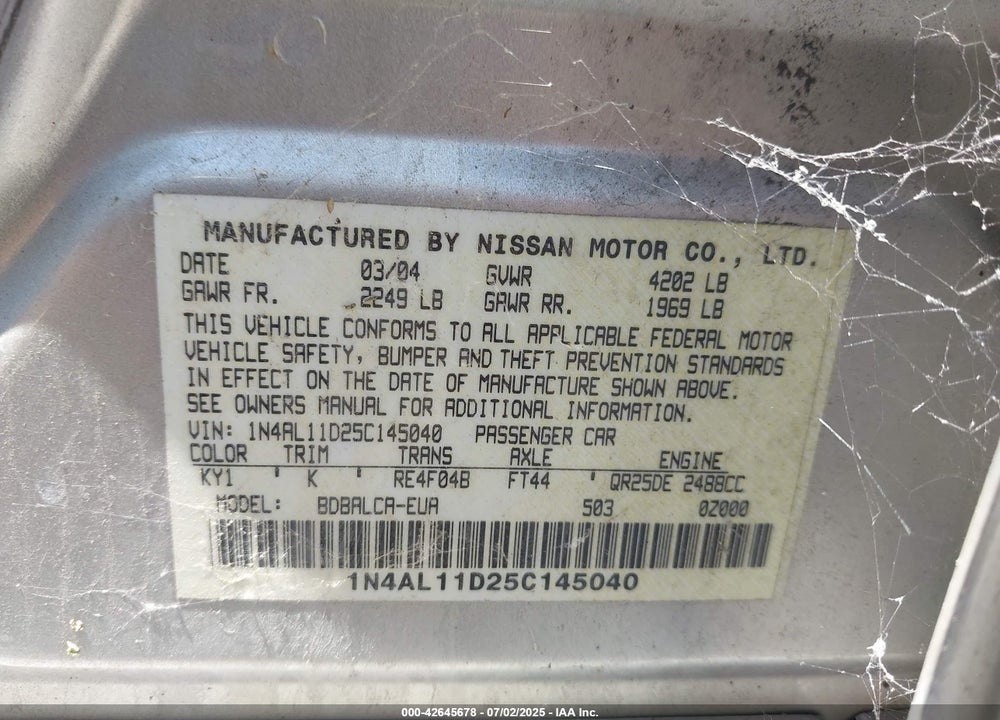 2005 NISSAN ALTIMA 2.5 S VIN: 1N4AL11D25C145040