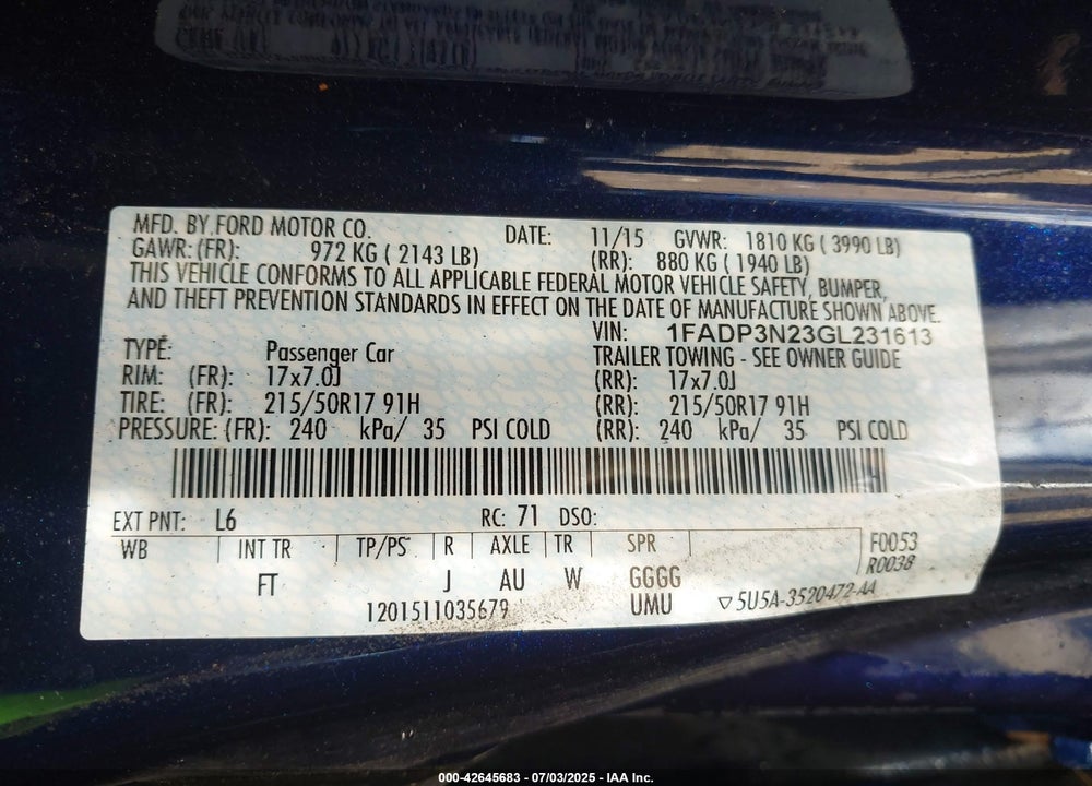 2016 FORD FOCUS VIN: 1FADP3N23GL231613