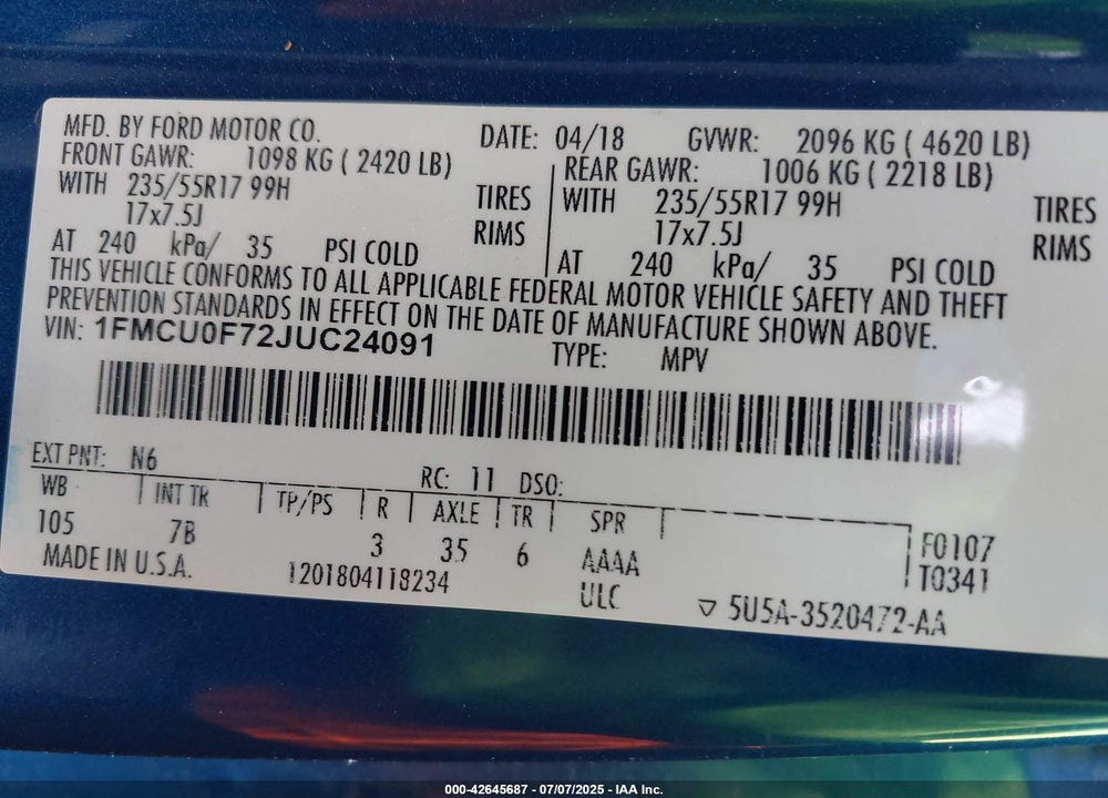 2018 FORD ESCAPE S VIN: 1FMCU0F72JUC24091