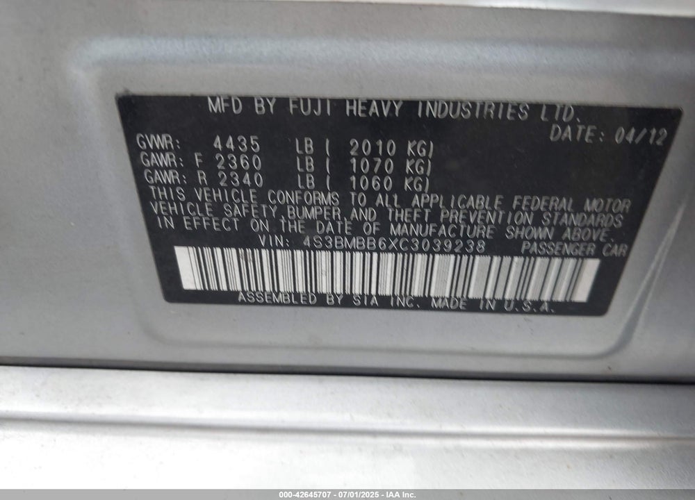 2012 SUBARU LEGACY VIN: 4S3BMBB6XC3039238