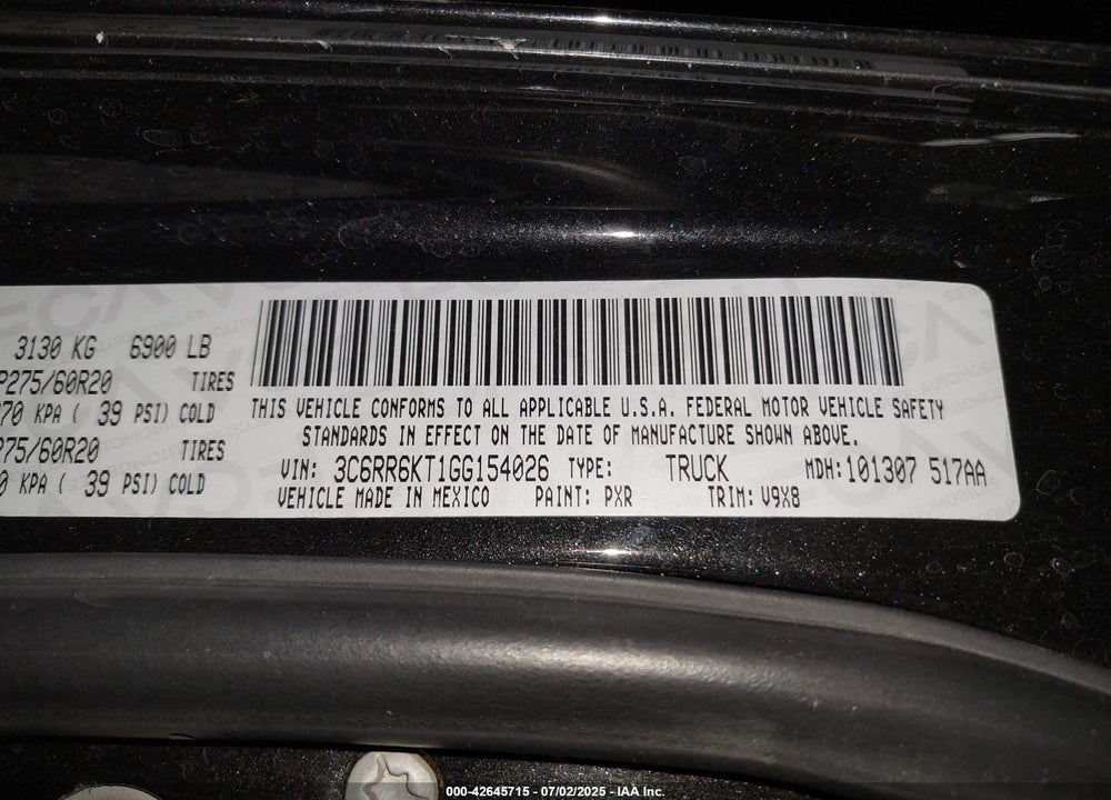 2016 RAM 1500 VIN: 3C6RR6KT1GG154026