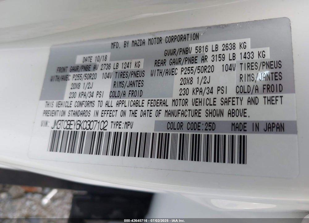 2019 MAZDA CX-9 VIN: JM3TCBEY6K0307102
