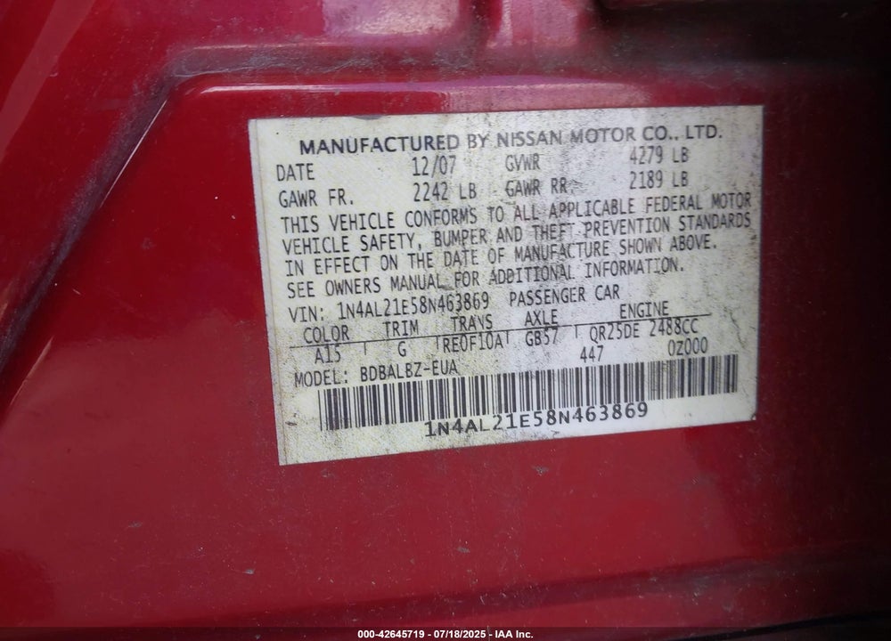 2008 NISSAN ALTIMA VIN: 1N4AL21E58N463869
