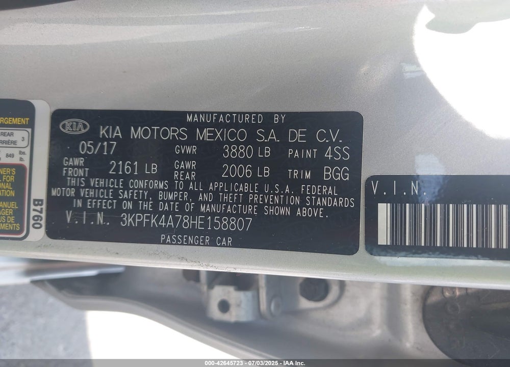 2017 KIA FORTE VIN: 3KPFK4A78HE158807
