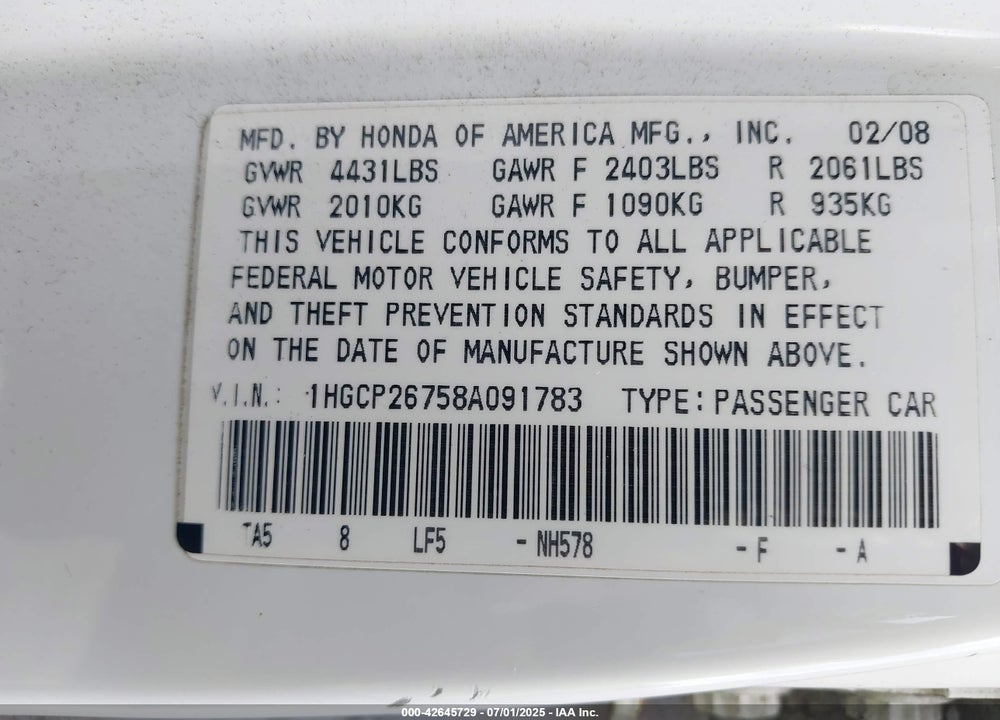 2008 HONDA ACCORD 2.4 EX VIN: 1HGCP26758A091783