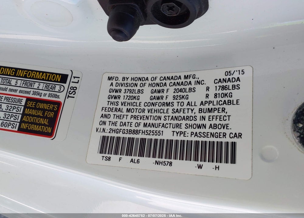 2015 HONDA CIVIC VIN: 2HGFG3B88FH525551