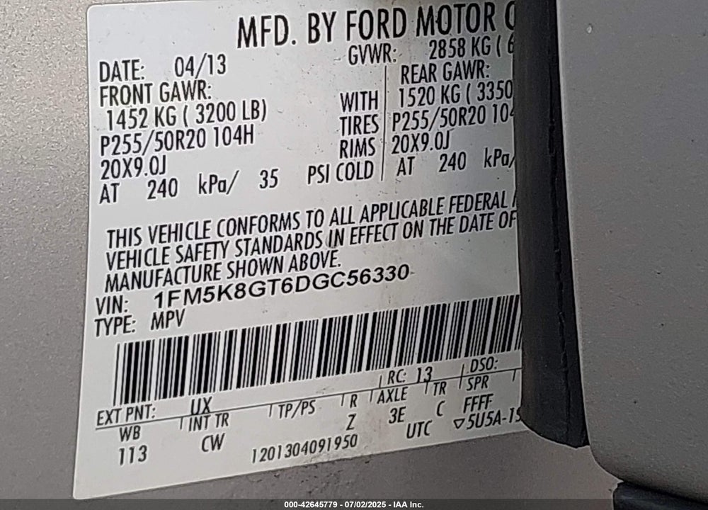2013 FORD EXPLORER SPORT VIN: 1FM5K8GT6DGC56330