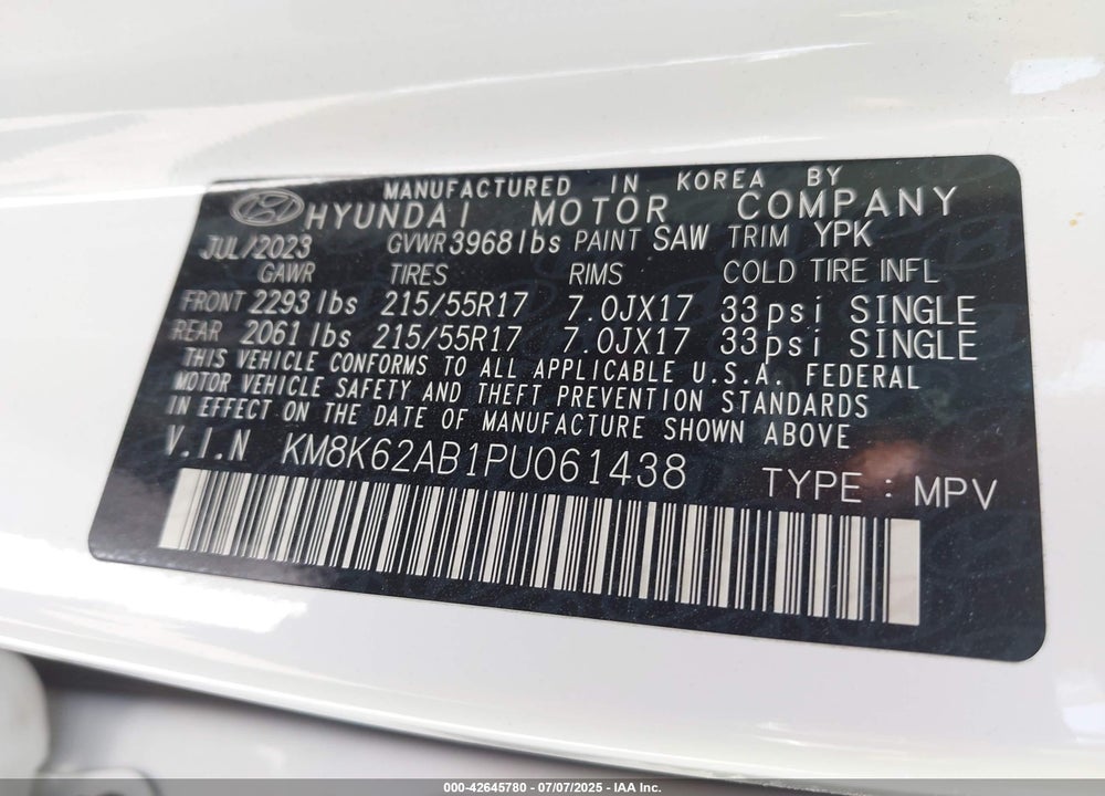 2023 HYUNDAI KONA VIN: KM8K62AB1PU061438