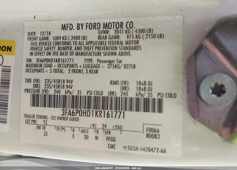 2019 FORD FUSION VIN: 3FA6P0HD1KR161771
