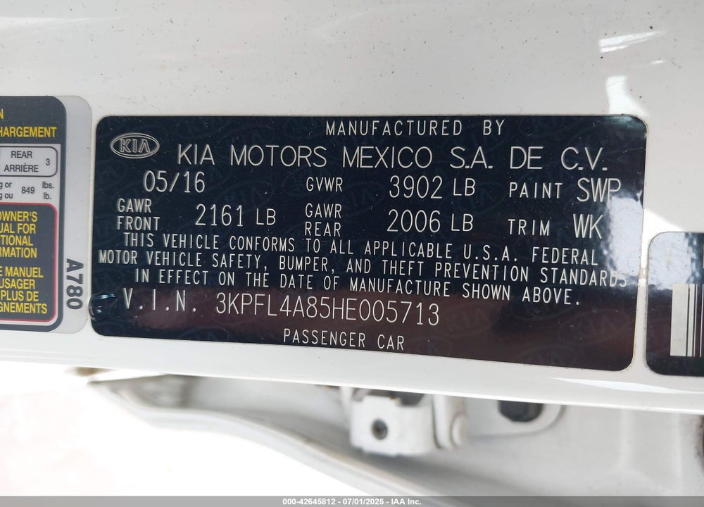 2017 KIA FORTE EX VIN: 3KPFL4A85HE005713