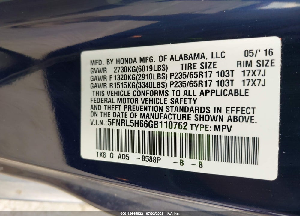2016 HONDA ODYSSEY VIN: 5FNRL5H66GB110762