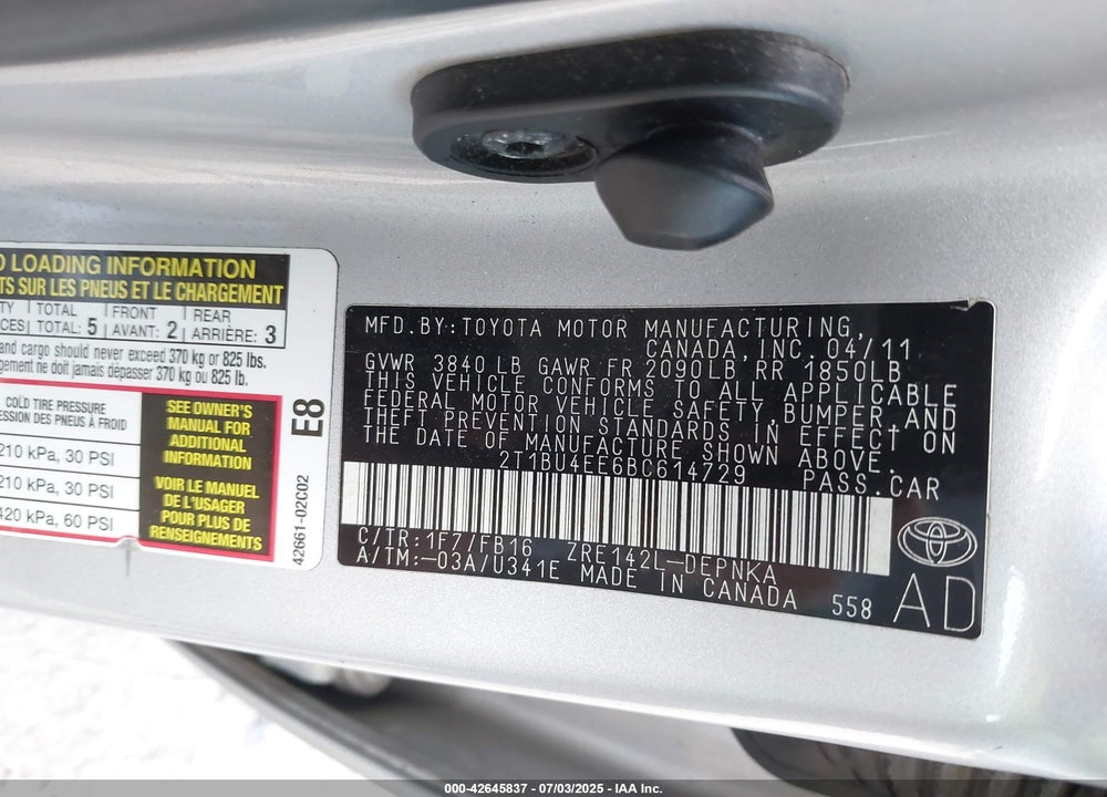 2011 TOYOTA COROLLA VIN: 2T1BU4EE6BC614729