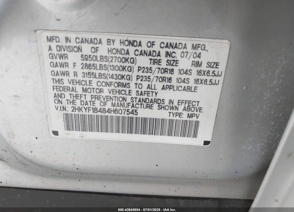2004 HONDA PILOT EX VIN: 2HKYF18484H607545