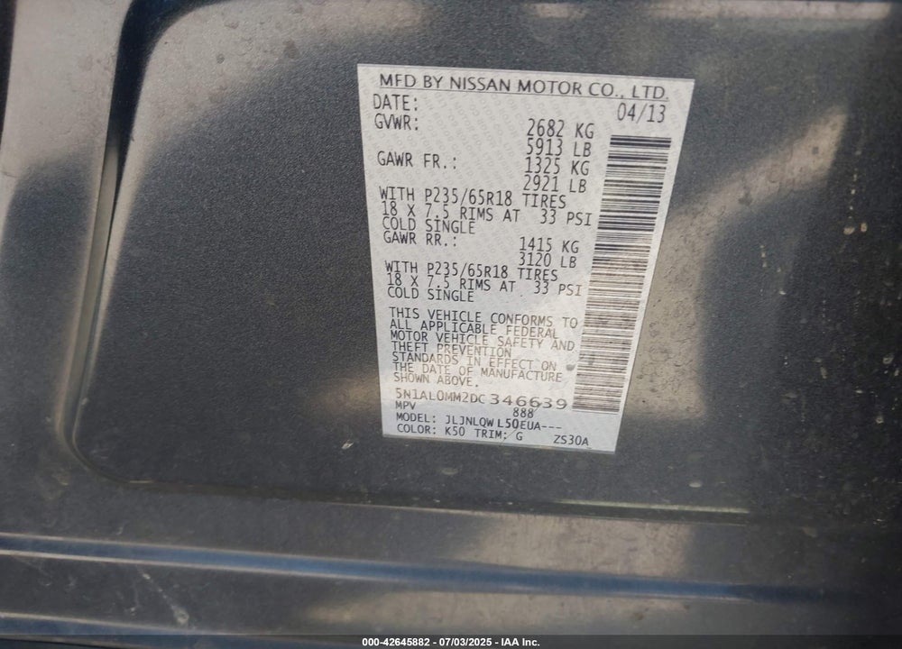 2013 INFINITI JX35 VIN: 5N1AL0MM2DC346639