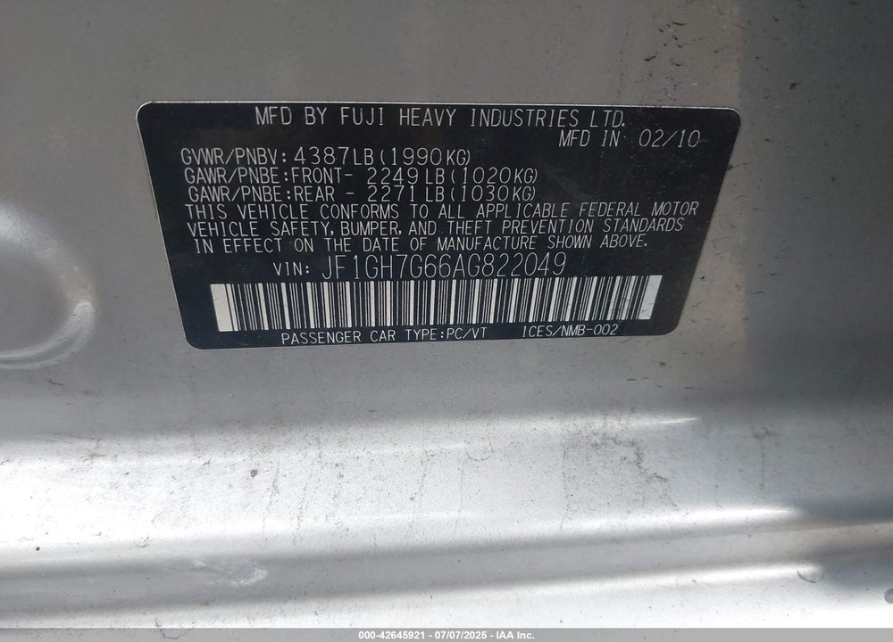2010 SUBARU IMPREZA VIN: JF1GH7G66AG822049