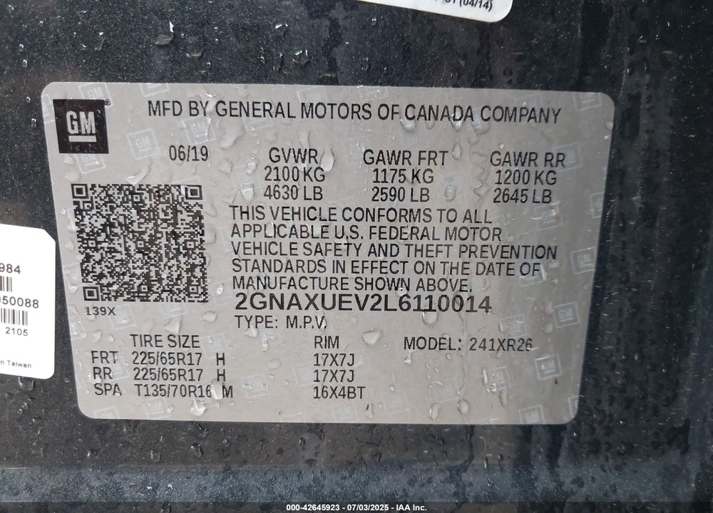 2020 CHEVROLET EQUINOX VIN: 2GNAXUEV2L6110014