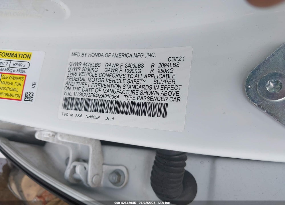 2021 HONDA ACCORD VIN: 1HGCV2F94MA016364