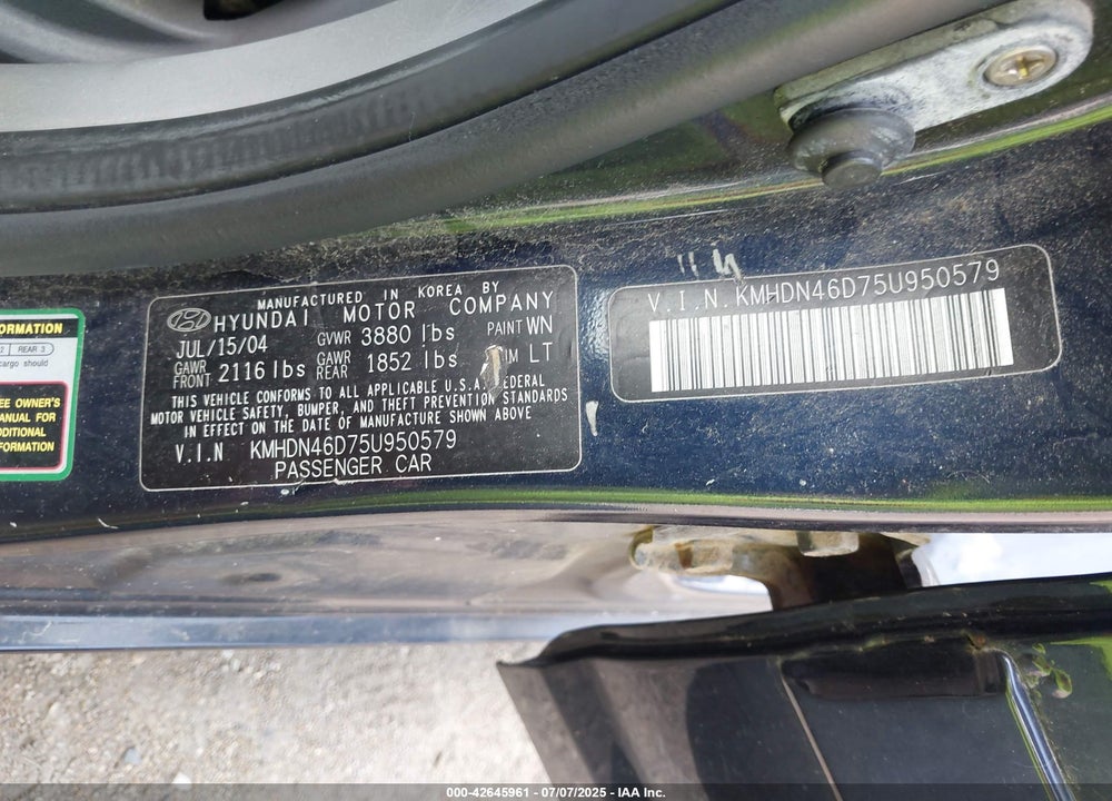 2005 HYUNDAI ELANTRA GLS/GT VIN: KMHDN46D75U950579