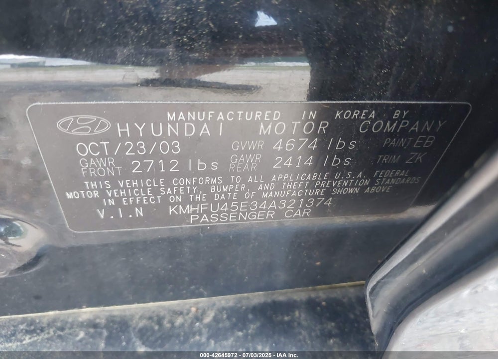 2004 HYUNDAI XG350 L VIN: KMHFU45E34A321374