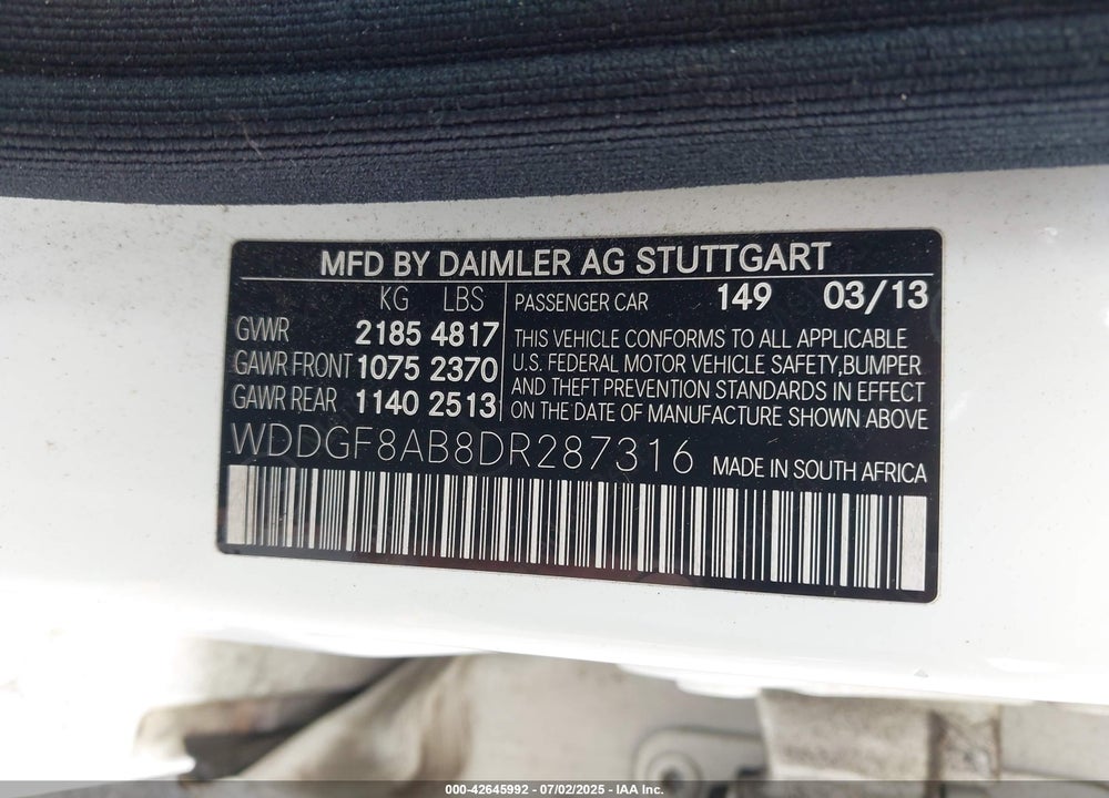 2013 MERCEDES-BENZ C CLASS VIN: WDDGF8AB8DR287316
