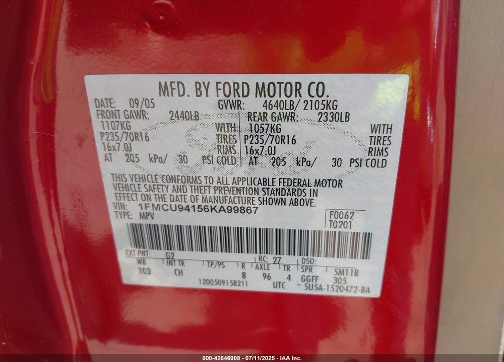 2006 FORD ESCAPE VIN: 1FMCU94156KA99867