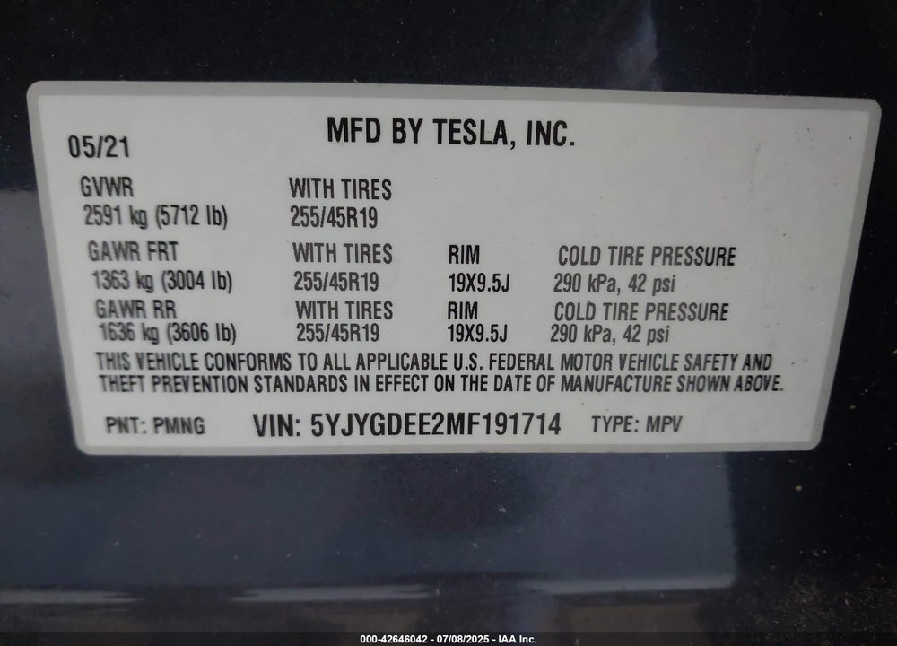 2021 TESLA MODEL Y LONG RANGE DUAL MOTOR ALL-WHEEL DRIVE VIN: 5YJYGDEE2MF191714