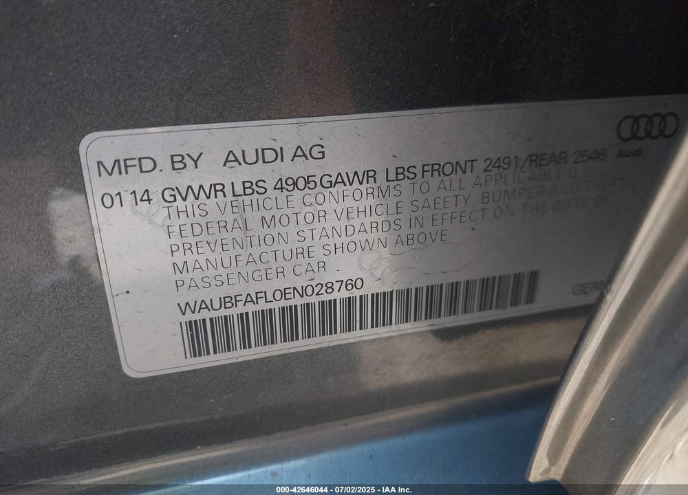 2014 AUDI A4 VIN: WAUBFAFL0EN028760