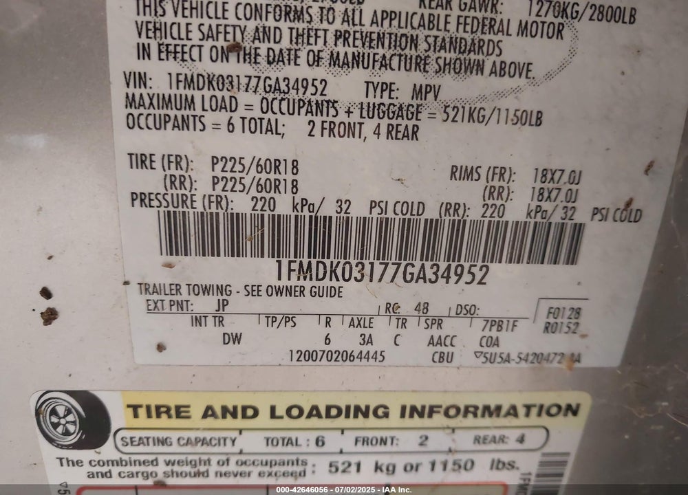 2007 FORD FREESTYLE VIN: 1FMDK03177GA34952