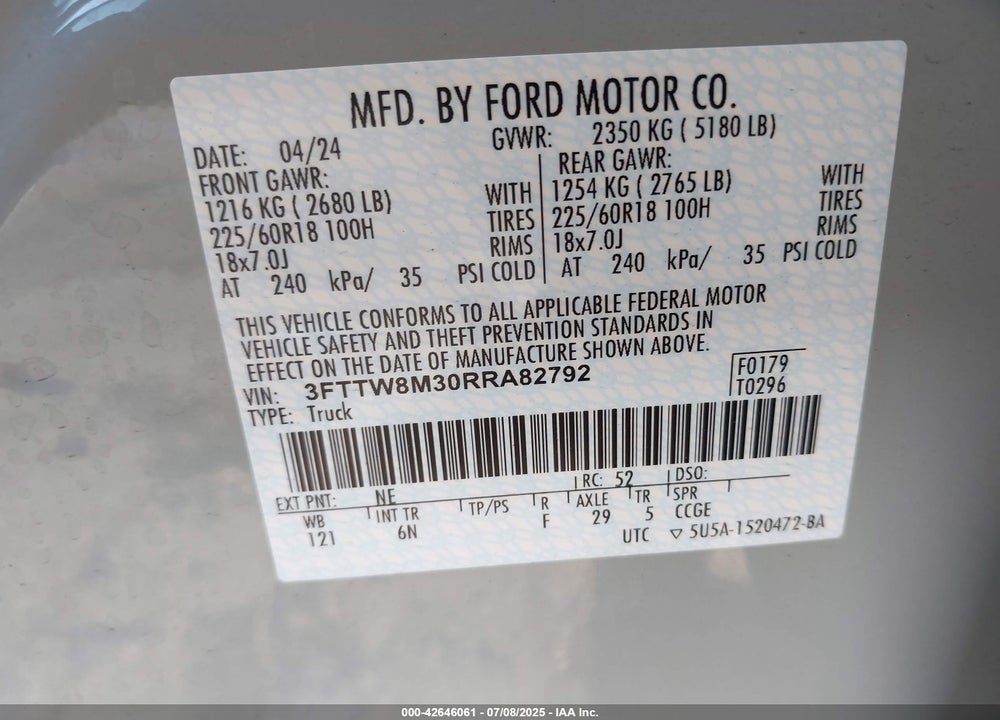 2024 FORD MAVERICK VIN: 3FTTW8M30RRA82792
