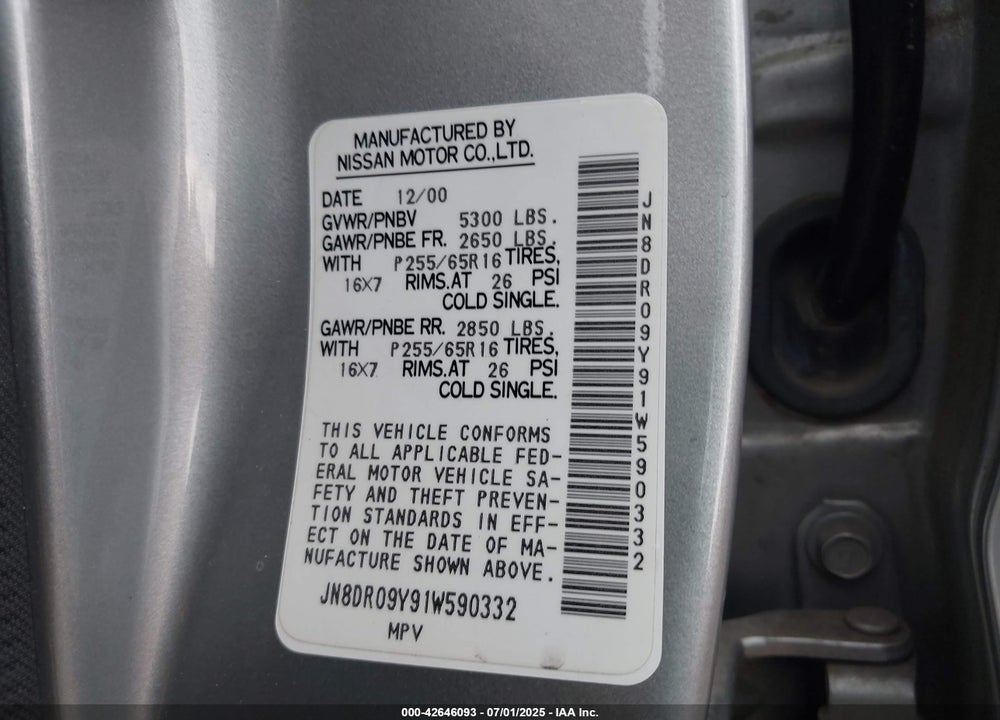 2001 NISSAN PATHFINDER LE VIN: JN8DR09Y91W590332