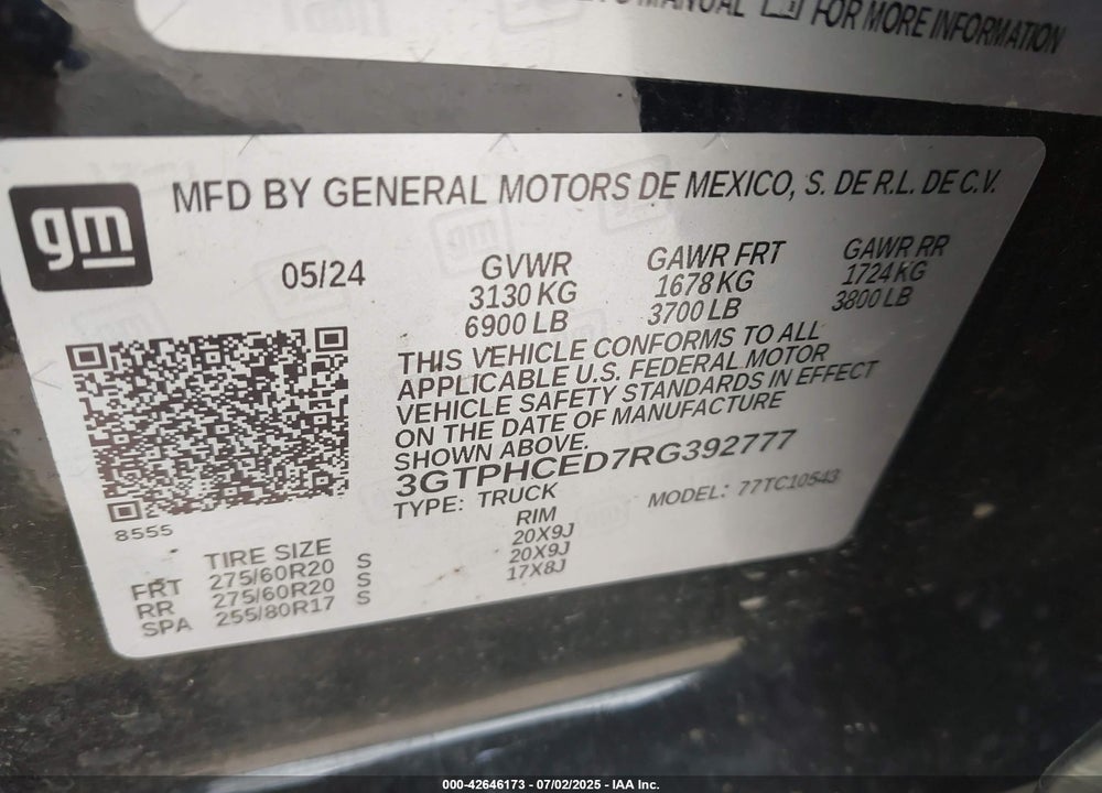 2024 GMC SIERRA 1500 VIN: 3GTPHCED7RG392777