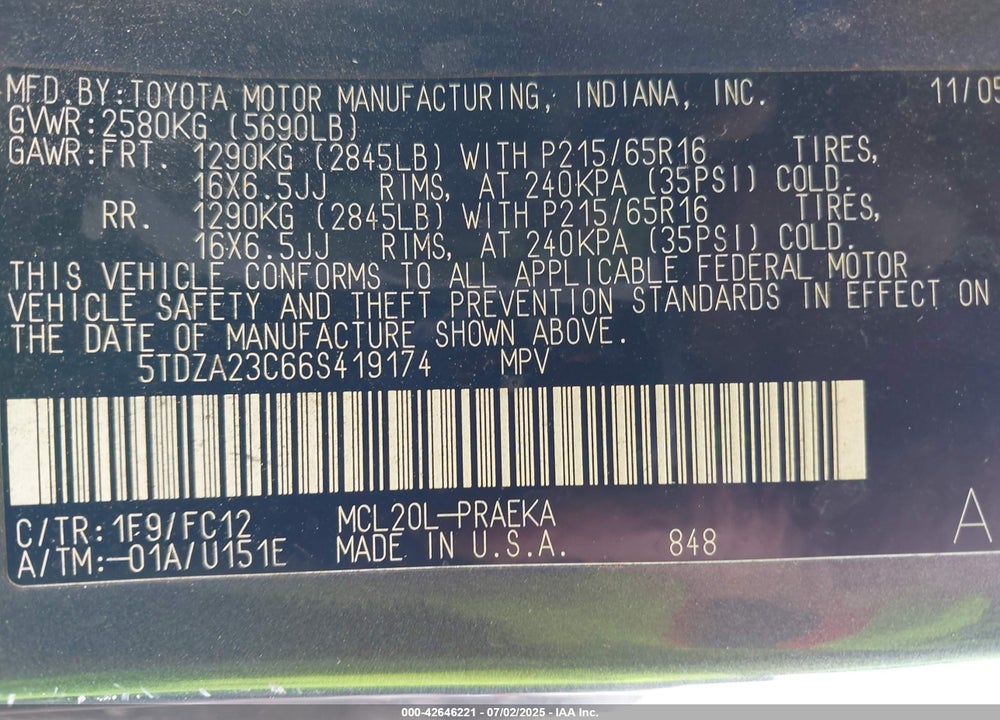2006 TOYOTA SIENNA VIN: 5TDZA23C66S419174