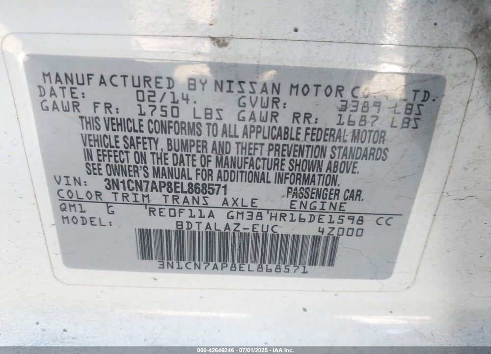 2014 NISSAN VERSA 1.6 S+ VIN: 3N1CN7AP8EL868571