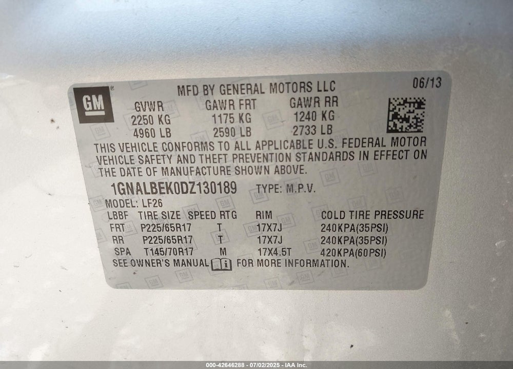 2013 CHEVROLET EQUINOX VIN: 1GNALBEK0DZ130189