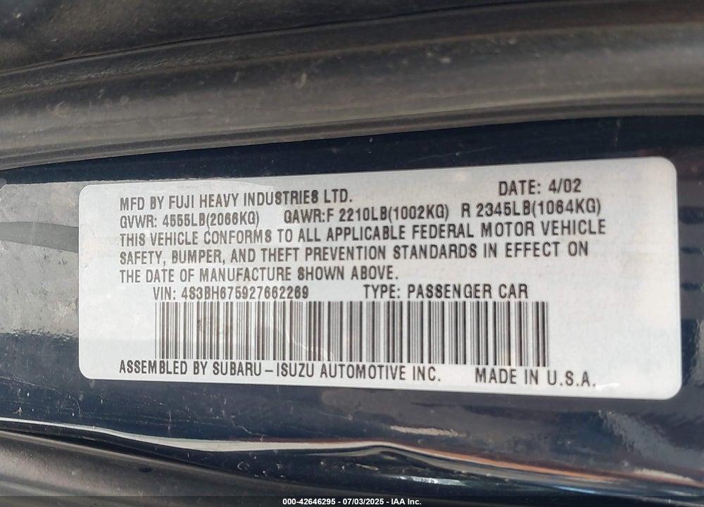 2002 SUBARU LEGACY OUTBACK AWP VIN: 4S3BH675927662269