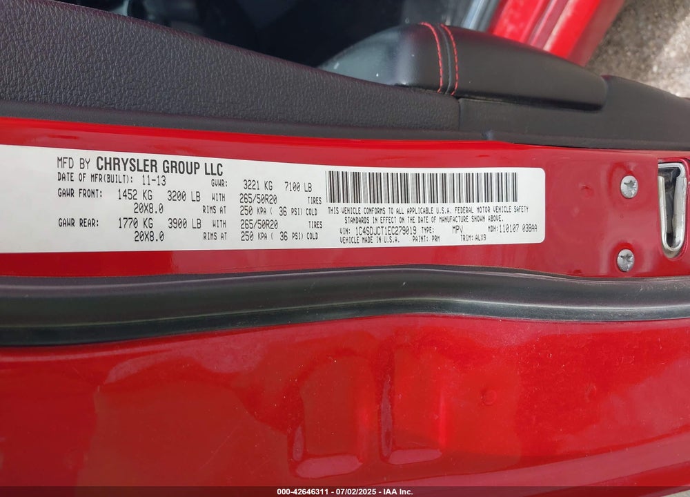 2014 DODGE DURANGO VIN: 1C4SDJCT1EC279019