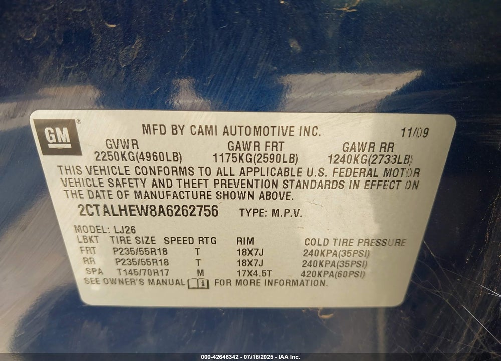 2010 GMC TERRAIN VIN: 2CTALHEW8A6262756