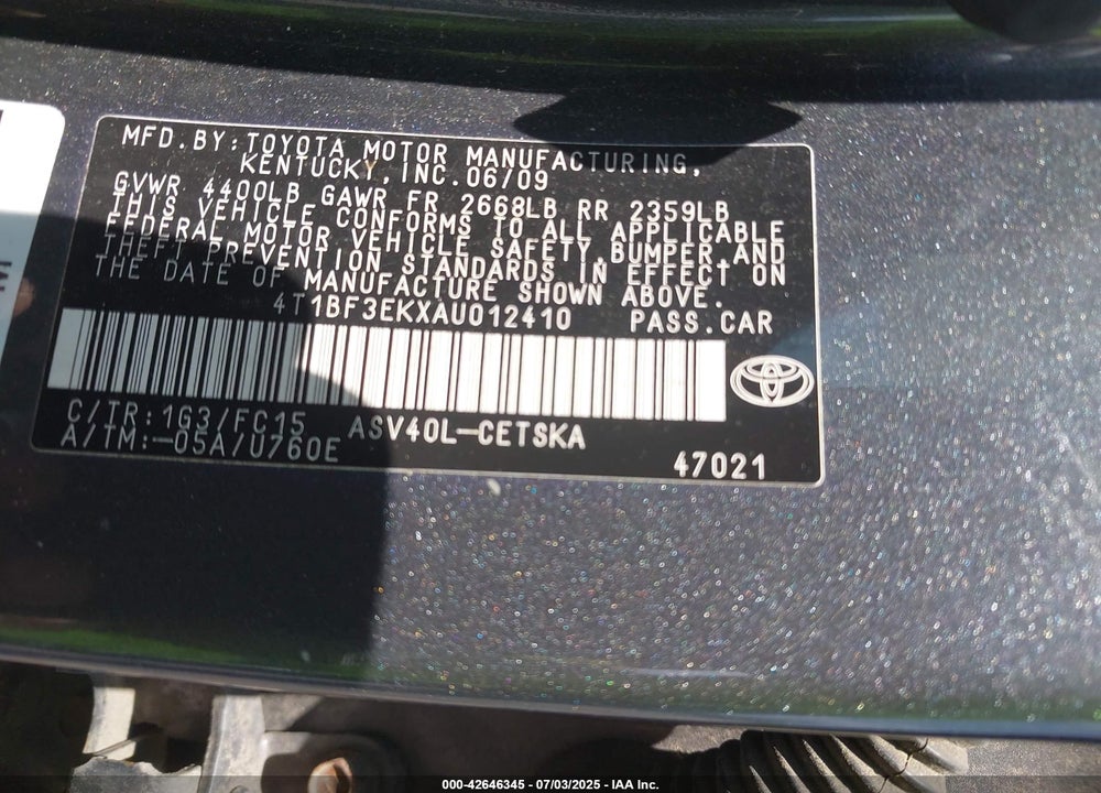 2010 TOYOTA CAMRY VIN: 4T1BF3EKXAU012410
