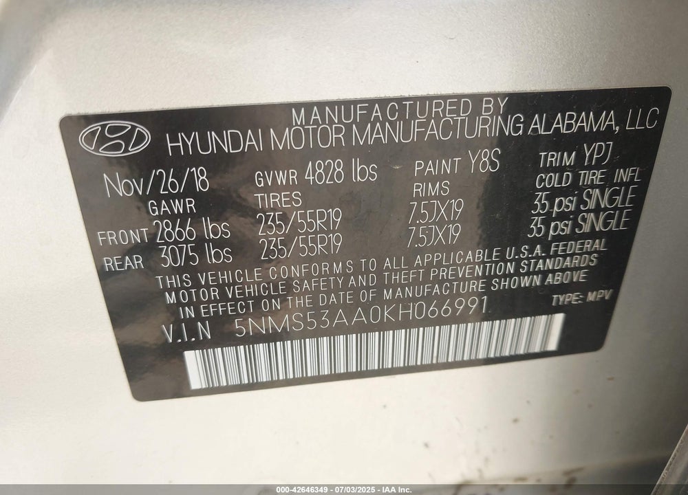 2019 HYUNDAI SANTA FE VIN: 5NMS53AA0KH066991