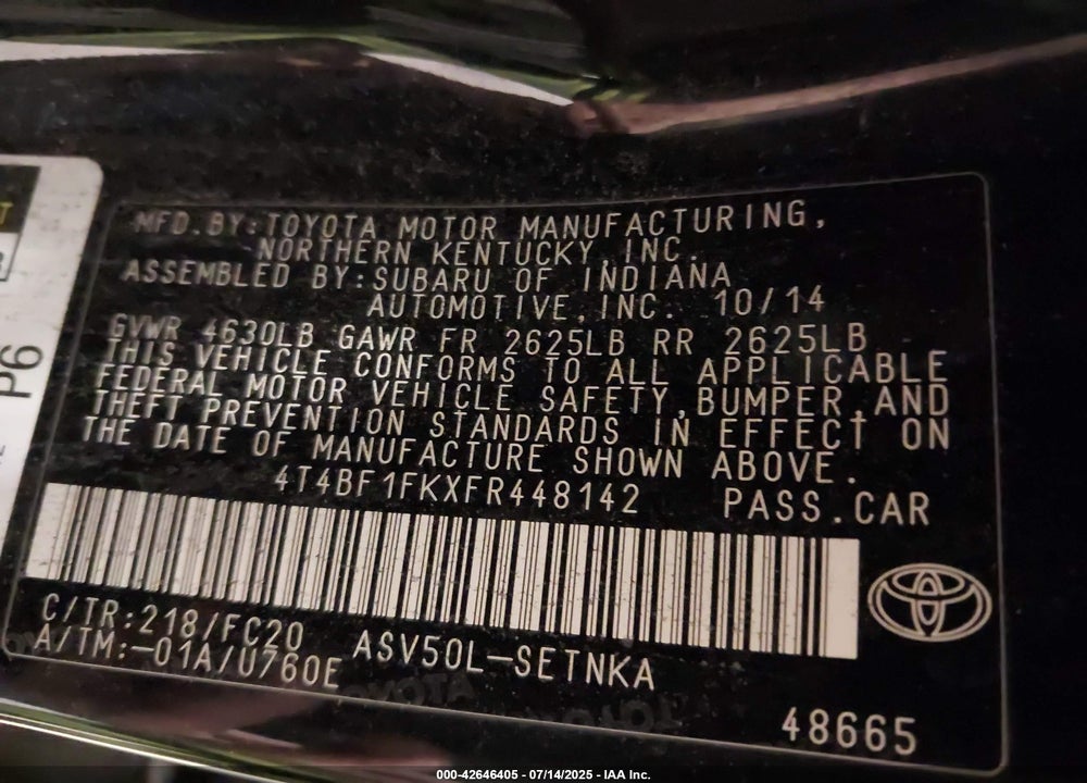 2015 TOYOTA CAMRY VIN: 4T4BF1FKXFR448142