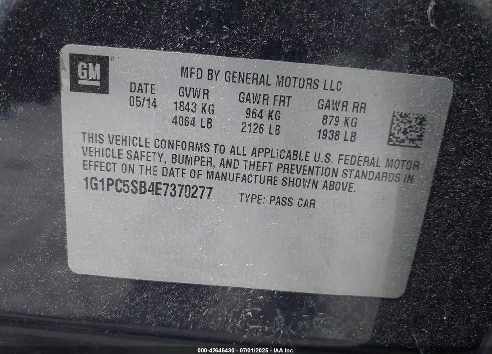 2014 CHEVROLET CRUZE VIN: 1G1PC5SB4E7370277