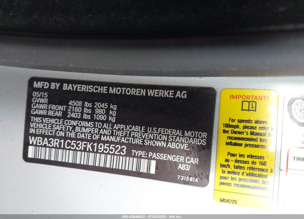 2015 BMW 4 SERIES VIN: WBA3R1C53FK195523