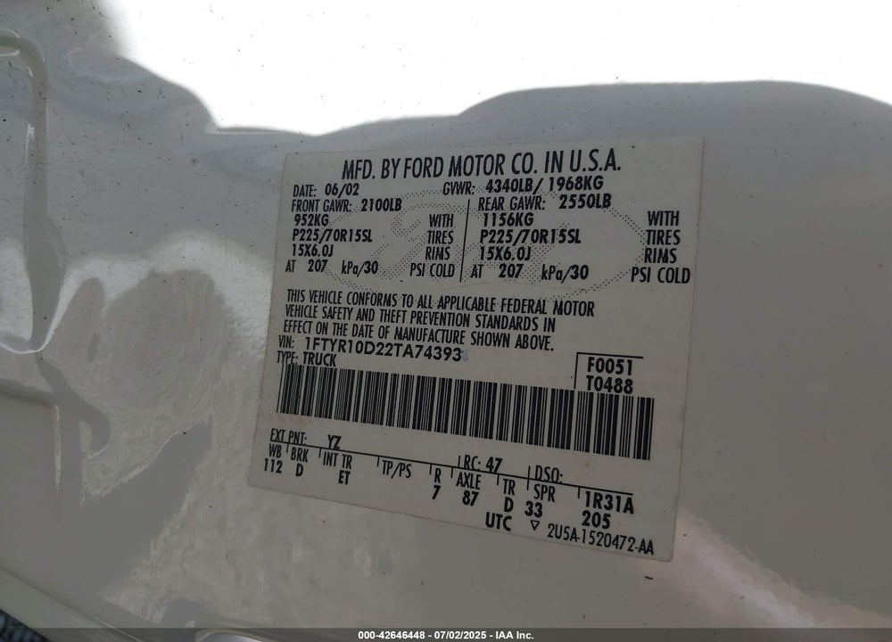 2002 FORD RANGER XL/XLT VIN: 1FTYR10D22TA74393