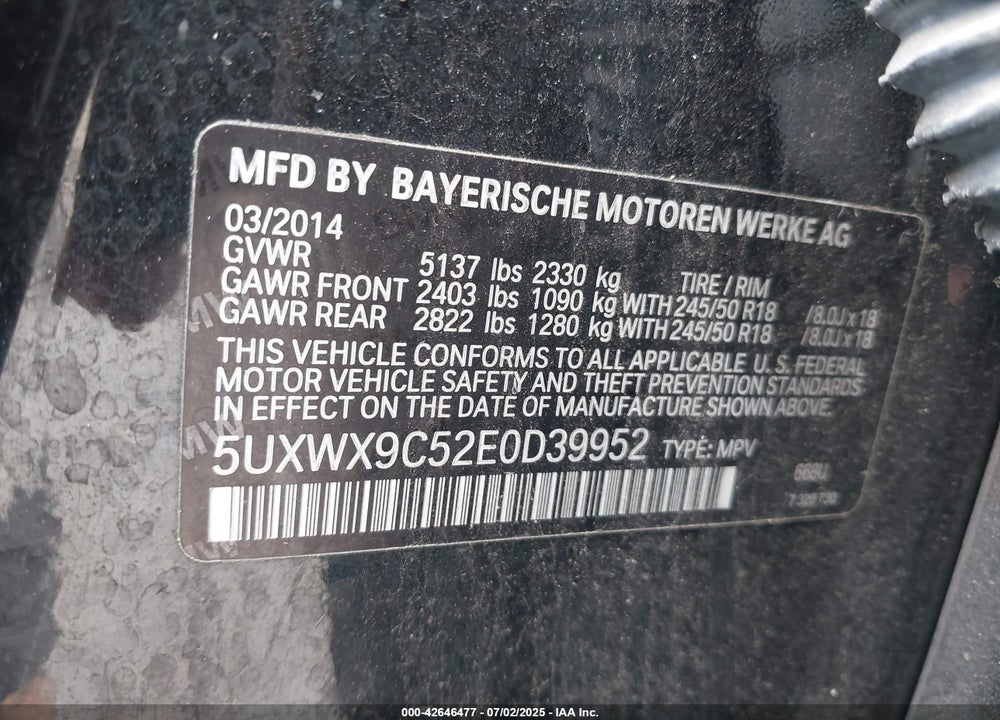 2014 BMW X3 VIN: 5UXWX9C52E0D39952