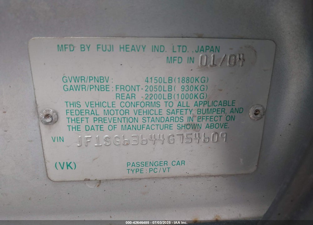 2004 SUBARU FORESTER 2.5X VIN: JF1SG63644G754609